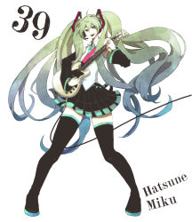 Rule 34 | 1girl, boots, detached sleeves, green eyes, green hair, guitar, hatsune miku, headset, highres, instrument, koike (coikekke), long hair, matching hair/eyes, necktie, open mouth, skirt, solo, thigh boots, thighhighs, twintails, very long hair, vocaloid