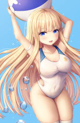 Rule 34 | 1girl, arms up, azur lane, ball, beachball, blonde hair, blue background, blue eyes, breasts, buran (22x), cleavage, collarbone, commentary request, competition swimsuit, cowboy shot, highres, icarus (azur lane), icarus (nereid&#039;s discovery) (azur lane), large breasts, long hair, looking at viewer, one-piece swimsuit, simple background, solo, standing, swimsuit, thighhighs, water drop, white one-piece swimsuit, white thighhighs