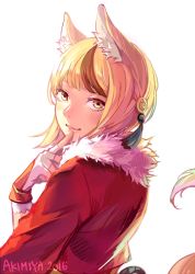 Rule 34 | 1girl, animal ears, artist name, back, blonde hair, blush, brown hair, fingerless gloves, fire emblem, fire emblem fates, fox ears, fox tail, fur trim, gloves, multicolored hair, nintendo, piano (agneschen), selkie (fire emblem), simple background, solo, tail, two-tone hair, white background, yellow eyes