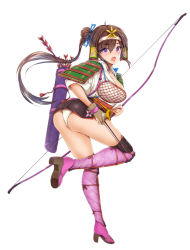 Rule 34 | 1girl, armor, arrow (projectile), ass, blush, bow (weapon), breasts, brown hair, full body, gloves, holding, holding bow (weapon), holding weapon, japanese clothes, large breasts, long hair, looking at viewer, maruwa tarou, muneate, open mouth, original, panties, purple eyes, purple thighhighs, quiver, sandals, short sleeves, shoulder armor, simple background, solo, thighhighs, underwear, weapon, white background