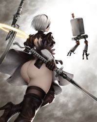 Rule 34 | 1girl, ass, black dress, black footwear, black gloves, black thighhighs, blindfold, boots, closed mouth, commentary request, dress, feather trim, from behind, gloves, hairband, high heel boots, high heels, highres, holding, holding sword, holding weapon, kurone rinka, lips, long sleeves, nier:automata, nier (series), pod (nier:automata), puffy sleeves, robot, short dress, short hair, simple background, solo, sword, thigh boots, thighhighs, thighs, two-sided fabric, two-sided skirt, weapon, weapon on back, white hair, 2b (nier:automata)