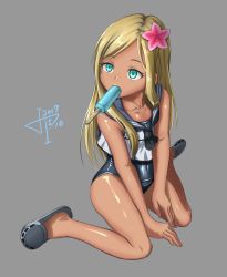 Rule 34 | 10s, 1girl, 2017, a1aaaaa, bare arms, bare legs, bare shoulders, blonde hair, collarbone, cosplay, dated, female focus, flower, food, hair flower, hair ornament, highres, ice cream, idolmaster, idolmaster cinderella girls, kantai collection, layla (idolmaster), long hair, mouth hold, one-piece swimsuit, ro-500 (kancolle), ro-500 (kancolle) (cosplay), shiny clothes, shiny skin, simple background, sitting, solo, swimsuit, swimsuit under clothes, tan, wariza