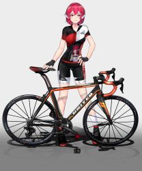Rule 34 | 1girl, bicycle, bike shorts, black gloves, black shorts, breasts, fingerless gloves, full body, gloves, gluteal fold, hair between eyes, hand on own hip, headset, highres, kaiend, looking at viewer, medium breasts, original, parted lips, pink eyes, pink hair, shirt, short hair, short sleeves, shorts, smile, solo, sportswear, standing, zipper