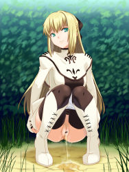 Rule 34 | 1girl, anus, aqua eyes, blonde hair, boots, bow, censored, cyrille (shining force exa), female pubic hair, grass, hair bow, highres, hou (hachiyou), knee boots, long hair, panties, panty pull, pee, peeing, pubic hair, pussy, sega, shining (series), shining force exa, solo, squatting, sweatdrop, underwear