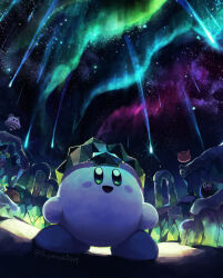 Rule 34 | :d, :o, absurdres, artist name, aurora, bandana, bandana waddle dee, black eyes, blue bandana, blush, blush stickers, bouncy (kirby), commentary request, crown, crystal, gooey (kirby), highres, kirby, kirby (series), kirby and the forgotten land, looking up, meteor shower, night, night sky, nintendo, no humans, open mouth, outdoors, polof, scarfy, sitting, sky, smile, standing, star (sky), star (symbol), starry sky, suyasuyabi, twitter username