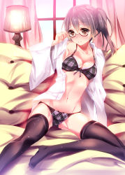 Rule 34 | 10s, 1girl, bad anatomy, bespectacled, black hair, black thighhighs, blouse, blush, bra, breasts, brown eyes, cleavage, collarbone, fukuda shuushi, glasses, hair between eyes, highres, kaga (kancolle), kantai collection, navel, no pants, open clothes, open shirt, panties, pants, plaid, plaid panties, shirt, side ponytail, skindentation, solo, spread legs, thighhighs, underwear
