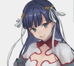 Rule 34 | 1girl, blue eyes, blunt bangs, blush, breasts, capelet, cleavage, earrings, fate/grand order, fate (series), grin, hair ribbon, jewelry, kouzuki kei, large breasts, long hair, looking at viewer, martha (fate), purple hair, ribbon, smile, solo, white capelet