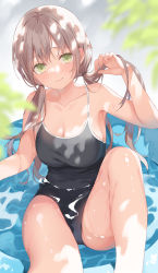 Rule 34 | 1girl, armpits, bare arms, bare legs, bare shoulders, black one-piece swimsuit, blurry, blurry background, blurry foreground, blush, breasts, cleavage, closed mouth, collarbone, day, depth of field, green eyes, hair between eyes, highleg, highleg swimsuit, highres, knee up, kurasawa moko, large breasts, light brown hair, long hair, looking at viewer, low twintails, no bra, one-piece swimsuit, original, outdoors, partially submerged, school swimsuit, sitting, solo, swimsuit, thighs, twintails, water, wet