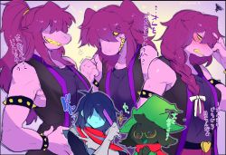 Rule 34 | 1boy, 1girl, alternate hairstyle, androgynous, anger vein, angry, armlet, blue skin, blush, bracelet, braid, clenched hand, colored skin, deltarune, embarrassed, furry, green hat, hat, highres, jewelry, kris (deltarune), looking at viewer, medium hair, muscular, muscular female, ponytail, purple hair, purple skin, ralsei, scarf, sharp teeth, sleeveless, smile, spiked armlet, spiked bracelet, spikes, susie (deltarune), suurin (ksyaro), sweatdrop, teeth, translation request, twintails, undertale