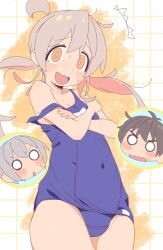 1girl 2boys 4uyh :d :o ^^^ absurdres ahoge bare_arms bare_shoulders black_hair blank_eyes blue_one-piece_swimsuit blush blush_stickers bright_pupils colored_inner_hair commentary covered_navel covering_breasts covering_privates cowboy_shot crossed_arms embarrassed flat_chest grey_hair hair_between_eyes highres inset long_hair looking_at_viewer multicolored_hair multiple_boys nose_blush o_o old_school_swimsuit one-piece_swimsuit onii-chan_wa_oshimai! open_mouth orange_eyes oyama_mahiro pink_hair sakurada_yuuta school_swimsuit senkawa_minato smile solo_focus strap_slip swimsuit tearing_up two-tone_hair wavy_mouth