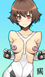 Rule 34 | 1girl, bare shoulders, black gloves, blush, breasts, brown hair, collarbone, covering privates, covering breasts, covering nipples, detached sleeves, fingerless gloves, gloves, gradient background, looking at viewer, original, outline, red eyes, revealing clothes, shima udon, short hair, smile, solo, sportswear