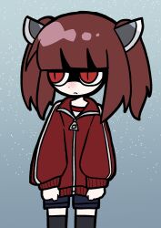 Rule 34 | 1girl, 9chrono0, absurdres, alternate costume, black shorts, black thighhighs, blunt bangs, brown hair, clenched hands, closed mouth, commentary request, cowboy shot, frown, glaring, grey background, gym shirt, gym uniform, headgear, highres, jacket, jacket tug, jitome, light particles, long sleeves, looking to the side, medium hair, puffy long sleeves, puffy sleeves, red eyes, shaded face, shirt, shorts, slit pupils, solo, standing, thighhighs, touhoku kiritan, track jacket, twintails, voiceroid, zipper