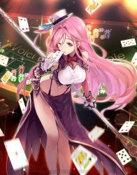 Rule 34 | 1girl, ;), ahoge, artist request, bare legs, breasts, card, elbow gloves, gloves, hat, highres, hortensia saga, large breasts, leaning forward, long hair, long skirt, midriff, mini hat, mouth hold, navel, official art, one eye closed, pink eyes, pink hair, playing card, poker chip, poker table, polearm, side slit, skirt, smile, solo, sparkle, table, very long hair, watermark, weapon, white gloves