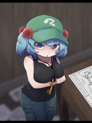 Rule 34 | 1girl, alternate costume, arms under breasts, black tank top, blue eyes, blue hair, blue pants, blurry, blurry background, blush, breast lift, breasts, commentary request, cowboy shot, crossed arms, flat cap, green hat, hair bobbles, hair ornament, hat, highres, jewelry, kawashiro nitori, key, key necklace, large breasts, letterboxed, looking at viewer, medium bangs, medium hair, necklace, onaji (sokudo seigen), open mouth, pants, solo, table, tank top, touhou, two side up, wooden table, wooden wall