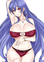 Rule 34 | 1girl, alternate costume, arm up, armpits, bare arms, bare legs, bare shoulders, bikini, blue hair, blush, bracelet, breasts, collarbone, earrings, grin, hair between eyes, highres, iris heart, jewelry, kami jigen game neptune v, large breasts, long hair, looking at viewer, midriff, navel, neck, necklace, neptune (series), pink eyes, power symbol, power symbol-shaped pupils, red bikini, smile, solo, straight hair, strapless, strapless bikini, swimsuit, symbol-shaped pupils, thick thighs, thighs, underboob, very long hair, zatsu
