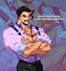 Rule 34 | 1boy, arm hair, bara, biceps, black hair, collared shirt, creatures (company), crossed arms, facial hair, feet out of frame, game freak, hairy, leather, leather belt, looking at viewer, male focus, manly, mature male, muscular, muscular male, mustache, na insoo, nintendo, open clothes, open shirt, pants, partially unbuttoned, pectoral cleavage, pectorals, pokemon, pokemon sv, shirt, short hair, solo, teacher (pokemon), text focus, thick arms, thick eyebrows, upper body, yellow eyes