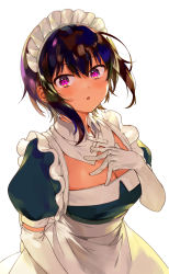 Rule 34 | 1girl, apron, black hair, blush, breasts, commentary request, dark-skinned female, dark skin, elbow gloves, gloves, hand on own chest, konbu wakame, lilith (saikin yatotta maid ga ayashii), looking at viewer, maid, maid headdress, mole, mole on breast, mole under eye, official art, parted lips, puffy short sleeves, puffy sleeves, purple eyes, saikin yatotta maid ga ayashii, short hair, short sleeves, simple background, solo, textless version, white apron, white background, white gloves