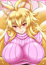 Rule 34 | 1girl, ahoge, alternate costume, animal ears, blonde hair, blush, breast rest, breasts, female focus, fox ears, fox tail, highres, izuna (shinrabanshou), kittan (cve27426), large breasts, long hair, looking at viewer, multiple tails, open mouth, red eyes, shinrabanshou, simple background, slit pupils, smile, solo, sweater, tail, upper body