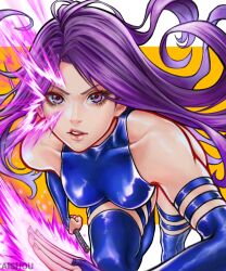 Rule 34 | 1girl, absurdres, artist name, boots, breasts, energy sword, fingernails, foreshortening, gloves, highres, jumping, katana, leotard, lips, long hair, looking at viewer, marvel, medium breasts, psychic, psylocke, purple eyes, purple gloves, purple hair, revealing clothes, shiny clothes, shiny skin, solo, sword, thigh boots, v-shaped eyebrows, weapon, wide hips, x-men