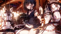 Rule 34 | 1girl, atha (leejuiping), black eyes, black hair, blurry, blurry background, bouquet, breasts, carousel, dress, earrings, flower, highres, jewelry, original, short hair, sitting, small breasts, solo, wind