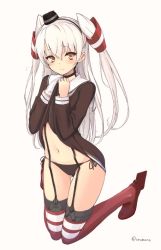 Rule 34 | 1girl, amatsukaze (kancolle), black choker, black hairband, black hat, black panties, blush, brown eyes, choker, closed mouth, clothes lift, commentary request, dress, dress lift, full body, garter straps, gloves, gluteal fold, hair tubes, hairband, hat, horizontal-striped legwear, kantai collection, kneeling, lifting own clothes, long hair, looking at viewer, mini hat, panties, red footwear, red thighhighs, sailor dress, shoes, short dress, side-tie panties, silver hair, single glove, smile, solo, striped clothes, striped thighhighs, thigh gap, thighhighs, twitter username, two side up, underwear, uro (urotanc), white gloves
