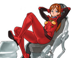 Rule 34 | 1girl, 66head, ass, bad id, bad pixiv id, blue eyes, brown hair, female focus, from side, frown, full body, hands on own head, long hair, lying, neon genesis evangelion, parted bangs, plugsuit, simple background, sitting, solo, souryuu asuka langley, white background