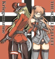 Rule 34 | 2girls, aoki hagane no arpeggio, ass, bismarck (aoki hagane no arpeggio), bismarck (kancolle), blonde hair, blue eyes, brown hair, cosplay, costume switch, crossover, elbow gloves, german text, gloves, grey legwear, hat, highres, kantai collection, long hair, military, military hat, military uniform, multiple girls, name connection, okutama tarou, panties, pocket watch, red eyes, standing, thighhighs, twintails, underwear, uniform, watch