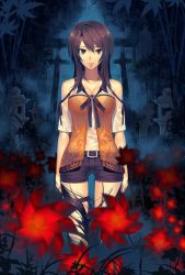 Rule 34 | 1girl, bad id, bad pixiv id, bamboo, bare shoulders, belt, black eyes, black hair, blurry, bra, breasts, brown eyes, brown hair, casual, cleavage, covered navel, depth of field, detached sleeves, fatal frame, fatal frame 5, fog, ghost, hullabaloo, kozukata yuuri, leaf, long hair, looking at viewer, night, outdoors, parted bangs, pinwheel, rain, ribbon, see-through, short shorts, shorts, silhouette, solo, standing, stone lantern, thigh gap, thigh strap, torii, underwear, wet, wet clothes, wet hair, when you see it