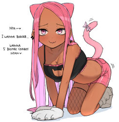 Rule 34 | 1girl, animal hands, blush, bow, breasts, cat lingerie, cat tail, cleavage, dark-skinned female, dark skin, earrings, english text, fishnet thighhighs, fishnets, gloves, jewelry, large breasts, long hair, looking at viewer, meme attire, ohasi, original, paw gloves, pink (ohasi), pink hair, short hair, simple background, single thighhigh, solo, sweat, tail, tail bow, tail ornament, thighhighs, white background