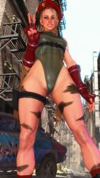 Rule 34 | 1girl, 3d, antenna hair, ass, ass focus, bare shoulders, blonde hair, blue eyes, braid, breasts, cammy white, city, gloves, green leotard, hat, highleg, highleg leotard, highres, leotard, lips, long hair, medium breasts, red hat, ryona, screencap, shiny clothes, smile, solo, standing, street fighter, street fighter 6, thighs, third-party edit, thong leotard, twin braids, v, very long hair, wide hips