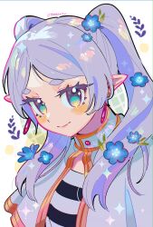 Rule 34 | 1girl, blush, capelet, commentary, dangle earrings, earrings, elf, flower, frieren, green eyes, hair flower, hair ornament, highres, jewelry, light smile, mage staff, multicolored eyes, nemophila (flower), parted bangs, pointy ears, portrait, shirt, solo, sousou no frieren, sparkle, striped clothes, striped shirt, twintails, white background, white capelet, white hair, yooki (winter cakes)