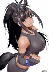 Rule 34 | 10s, 1girl, animal ears, bare shoulders, black gloves, black hair, blush, breasts, brown eyes, brown thoroughbred (kemono friends), closed mouth, cowboy shot, dark-skinned female, dark skin, elbow gloves, fingerless gloves, from side, gloves, hairband, happa (cloverppd), high ponytail, horse girl, kemono friends, large breasts, long hair, looking at viewer, looking to the side, sidelocks, smile, solo, sports bikini, swept bangs, tail, wristband
