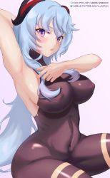 Rule 34 | 1girl, a-o a, absurdres, arm behind head, arm up, armpits, blue eyes, bodysuit, bodysuit pull, breasts, covered erect nipples, curvy, ganyu (genshin impact), genshin impact, highres, horns, large breasts, long hair, looking at viewer, purple eyes, solo, thick thighs, thighs, tight clothes, white background