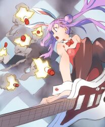 Rule 34 | 1girl, anima lyon, bare shoulders, blue eyes, bow, bowtie, breasts, brown pantyhose, building, detached collar, double bun, floating hair, foreshortening, from above, guitar, hair bun, hair ornament, hairclip, highres, indie virtual youtuber, instrument, itano circus, leotard, long hair, looking down, midair, missile, open mouth, outdoors, pantyhose, playboy bunny, red bow, red bowtie, red leotard, riding, sadamoto hokuto, shoes, sidelocks, small breasts, solo, strapless, strapless leotard, twintails, under fire, virtual youtuber, wide-eyed, wrist cuffs
