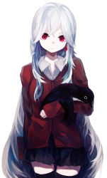 Rule 34 | 1girl, albino, animal, bird, black skirt, black thighhighs, blouse, book, cardigan, closed mouth, collared shirt, crossed bangs, earrings, gem, highres, holding, holding animal, holding book, jewelry, legs together, long hair, looking at viewer, ogami ren, original, penguin, pleated skirt, red eyes, shirt, simple background, single earring, skirt, sleeves past wrists, solo, straight-on, thighhighs, very long hair, white background, white hair, white shirt, wing collar, zettai ryouiki