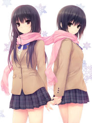 Rule 34 | 2girls, aoyama sumika, arms behind back, black hair, blush, brown hair, coffee-kizoku, cowboy shot, fringe trim, from side, highres, holding hands, light smile, long hair, looking at viewer, multiple girls, original, pink scarf, plaid, plaid skirt, pleated skirt, red eyes, scarf, school uniform, shared clothes, shared scarf, shiramine rika, short hair, skirt, smile, snowflakes, yellow eyes