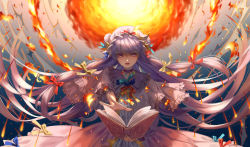 Rule 34 | 1girl, book, choker, crescent, crescent pin, dress, fireball, gem, hair ribbon, hat, hat ribbon, highres, long hair, mob cap, open mouth, patchouli knowledge, purple eyes, purple hair, ribbon, royal flare, solo, spell card, touhou, ze xia