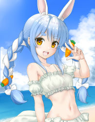 Rule 34 | 1girl, :d, animal ear fluff, bad id, bad pixiv id, bare shoulders, bikini, blue hair, blue sky, bow, braid, brown eyes, carrot hair ornament, cloud, commentary request, day, detached sleeves, flipper, food-themed hair ornament, hair between eyes, hair bow, hair ornament, hand up, highres, hololive, horizon, looking at viewer, multicolored hair, navel, ocean, open mouth, outdoors, puffy short sleeves, puffy sleeves, rabbit, rabbit-shaped pupils, short eyebrows, short sleeves, sky, smile, solo, swimsuit, symbol-shaped pupils, teeth, thick eyebrows, twin braids, twintails, two-tone hair, upper teeth only, usada pekora, v, virtual youtuber, water, white bikini, white bow, white hair, white sleeves