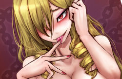 Rule 34 | 1girl, aurelia (dorei to no seikatsu), blonde hair, blush, breasts, cleavage, collarbone, dorei to no seikatsu ~teaching feeling~, drill hair, drooling, eyebrows, eyelashes, eyeshadow, female focus, fingernails, hair over one eye, tucking hair, large breasts, long fingernails, long hair, looking at viewer, makeup, nail polish, naughty face, open mouth, ray-k, red eyes, red nails, saliva, solo, tongue, tongue out, upper body