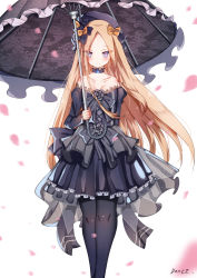 Rule 34 | 1girl, abigail williams (fate), bare shoulders, black bow, black dress, black flower, black hat, black pantyhose, black rose, black umbrella, blonde hair, blue eyes, blush, bow, breasts, closed mouth, collarbone, dress, dust9, fate/grand order, fate (series), flower, frilled dress, frills, gothic lolita, hair bow, hat, highres, holding, holding umbrella, juliet sleeves, lolita fashion, long hair, long sleeves, looking at viewer, multiple hair bows, orange bow, pantyhose, parted bangs, petals, pleated dress, puffy sleeves, rose, see-through, signature, small breasts, solo, strapless, strapless dress, umbrella, very long hair, white background