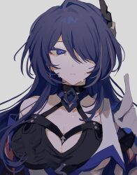 Rule 34 | 1girl, acheron (honkai: star rail), black choker, breasts, choker, cleavage, commentary request, crying, crying with eyes open, grey background, hair ornament, hair over shoulder, highres, honkai: star rail, honkai (series), inagoinaire, large breasts, long hair, parted lips, purple eyes, purple hair, simple background, single bare shoulder, solo, tears, upper body, very long hair