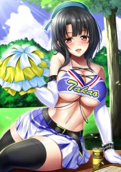 Rule 34 | 1girl, alternate costume, beret, black hair, blue hat, blue sky, breasts, bush, can, character name, cheerleader, clothes writing, cloud, commentary request, cowboy shot, crop top, crop top overhang, day, elbow gloves, gloves, hat, kantai collection, large breasts, light rays, looking at viewer, midriff, outdoors, pleated skirt, pom pom (cheerleading), red eyes, shibata rai, shirt, short hair, sitting, skirt, sky, sleeveless, sleeveless shirt, solo, sunbeam, sunlight, takao (kancolle), tree, underboob, white gloves, yokozuwari