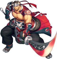 Rule 34 | 1boy, abs, alternate costume, anklet, bara, bare pectorals, beard, belt, biceps, black hair, clothes lift, collared jacket, cropped jacket, facial hair, fighting stance, gauntlets, glaive (polearm), gloves, gozu farm, gyee, halberd, hand on weapon, headband, highres, jacket, jewelry, large pectorals, loincloth, male focus, mature male, muscular, muscular male, nipples, official art, ox horns, pants, pectorals, polearm, sandals, sideburns, skirt, skirt lift, smile, solo, takashi (gyee), thick arms, transparent background, weapon, white hair, yellow eyes