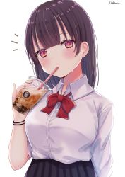 Rule 34 | 1girl, bad id, bad pixiv id, black hair, blush, bow, bowtie, breasts, brown hair, cup, drink, eyebrows, highres, holding, holding cup, large breasts, looking at viewer, okiq, original, pleated skirt, red bow, red bowtie, school uniform, simple background, skirt, solo, sweatdrop, uniform, white background