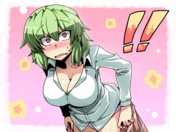 Rule 34 | !, !!, 1girl, bent over, blush, breasts, cleavage, collared shirt, female focus, green hair, highres, kazami yuuka, large breasts, leaning forward, looking at viewer, open clothes, open mouth, open shirt, panties, red eyes, shirt, short hair, skirt, solo, surprised, sweat, sweatdrop, touhou, tukiwani, underwear, undressing