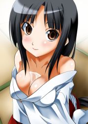 Rule 34 | 1girl, alcohol, bad id, bad nicoseiga id, bare shoulders, black hair, breasts, brown eyes, bust cup, cleavage, from above, highres, japanese clothes, kimono, long hair, looking at viewer, looking up, miko, original, sake, small breasts, smile, solo, sumeragi tomo