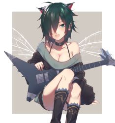 Rule 34 | 1girl, alternate costume, animal ears, black collar, black footwear, black hair, blue eyes, blush, boots, breasts, cleavage, collar, dragon ears, ear piercing, gradient hair, guitar, hair between eyes, hair over one eye, instrument, jewelry, knee boots, large breasts, long sleeves, multicolored hair, ngtr kaina, off shoulder, open mouth, piercing, puzzle &amp; dragons, red hair, roche (p&amp;d), simple background, sitting, solo, two-tone background, wings