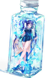 Rule 34 | 1girl, bare shoulders, black dress, black footwear, blue eyes, blunt bangs, blush, bottle, breasts, china dress, chinese clothes, cleavage, detached sleeves, dress, fate/grand order, fate (series), fish, glass bottle, hair ornament, high heels, highres, in container, leaf hair ornament, legs, long hair, looking at viewer, medium breasts, open mouth, purple hair, shutsuri, side slit, sidelocks, simple background, smile, solo, twintails, very long hair, white background, yang guifei (fate), yang guifei (second ascension) (fate)