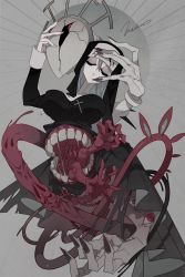 Rule 34 | 1girl, 2018, blonde hair, breasts, cross, cross necklace, crown, double (skullgirls), dual persona, extra arms, extra eyes, extra mouth, closed eyes, grey background, habit, hand on own face, highres, jewelry, large breasts, monster girl, necklace, nun, red eyes, skullgirls, solo