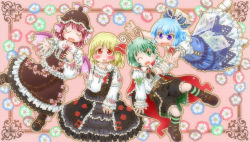 Rule 34 | 4girls, :d, ;o, animal ears, antennae, belt, blonde hair, blouse, blue eyes, blue hair, blush, border, bow, brown hair, cape, cirno, dress, drooling, embellished costume, floral background, flower, frilled bow, frilled dress, frilled ribbon, frilled skirt, frilled sleeves, frills, green eyes, green hair, hair bow, hair ribbon, long sleeves, matty (zuwzi), multiple girls, music, mystia lorelei, one eye closed, open mouth, puffy short sleeves, puffy sleeves, red eyes, ribbon, ribbon-trimmed sleeves, ribbon trim, rumia, shirt, short hair, short sleeves, shorts, singing, skirt, smile, team 9, too many, too many frills, touhou, vest, wings, wriggle nightbug